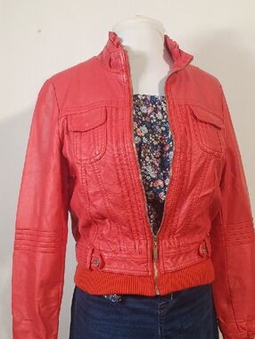 Jou Jou Red Faux Leather Bomber Jacket with Ribbed Hem